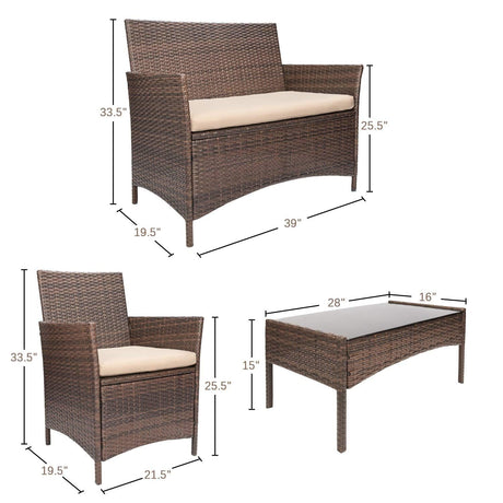 Devoko 4 Pieces Outdoor Patio Furniture Set, PE Rattan Wicker Chairs Balcony Lawn Porch Patio Furniture Sets with Beige Cushion and Table (Brown) Devoko