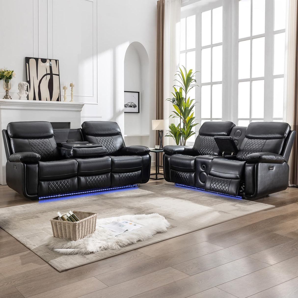 Power Recliner Sofa Set of 2 Piece with Bass Speakers for Living Room,Faux Leather Electric Zero Gravity 3 Seater Reclining Couch with Wireless Charger and Loveseat Theater Chair with LED Lights,Black Comfort Stretch