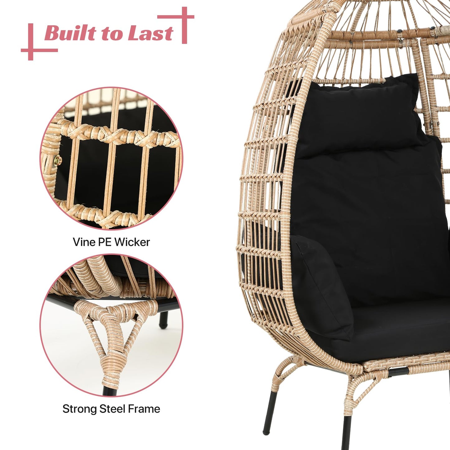 Dkelincs Wicker Egg Chair Indoor Outdoor Lounge Chair Patio Reading Chair Oversized Rattan Egg Chair for Patio, Backyard, Garden, Living Room w/ 4 Cushions Steel Frame, 352lb Capacity(Black)