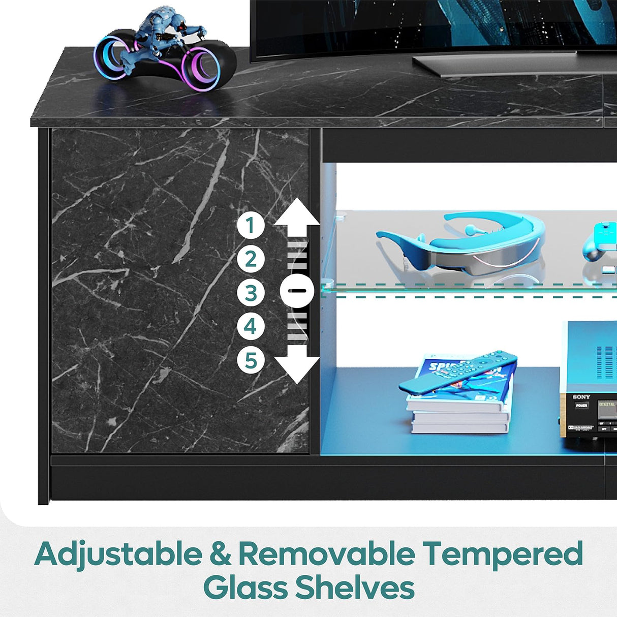 Bestier LED TV Stand with Power Outlets for 55/60/65 Inch TV, Gaming Entertainment Center with Cabinet for PS5, Modern TV Cabinet with Adjustable Glass Shelves for Living Room 58 Inch,Black Marble Bestier