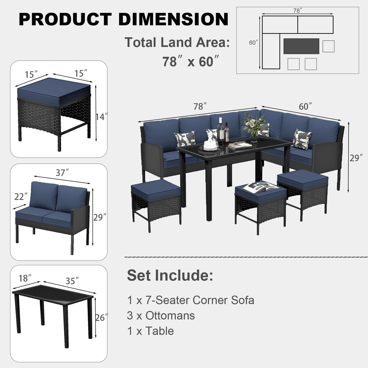 HLNPTN 7-Piece Patio Furniture Set, Outdoor Couch with Dining Table & Ottomans, PE Rattan Sofa Set with Cushions for Deck, Yard, Poolside (Blue) HLNPTN
