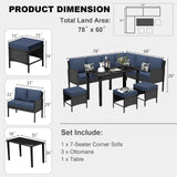 HLNPTN 7-Piece Patio Furniture Set, Outdoor Couch with Dining Table & Ottomans, PE Rattan Sofa Set with Cushions for Deck, Yard, Poolside (Blue) HLNPTN