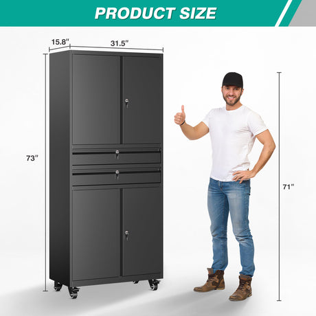 Metal Storage Cabinet with Wheels and Drawers,Rolling Garage Storage Cabinet with Locking Doors and Adjustable Shelves,73" Mobile Tall Large Metal Tool Cabinets with Locks for Home,Office,Garage SISESOL