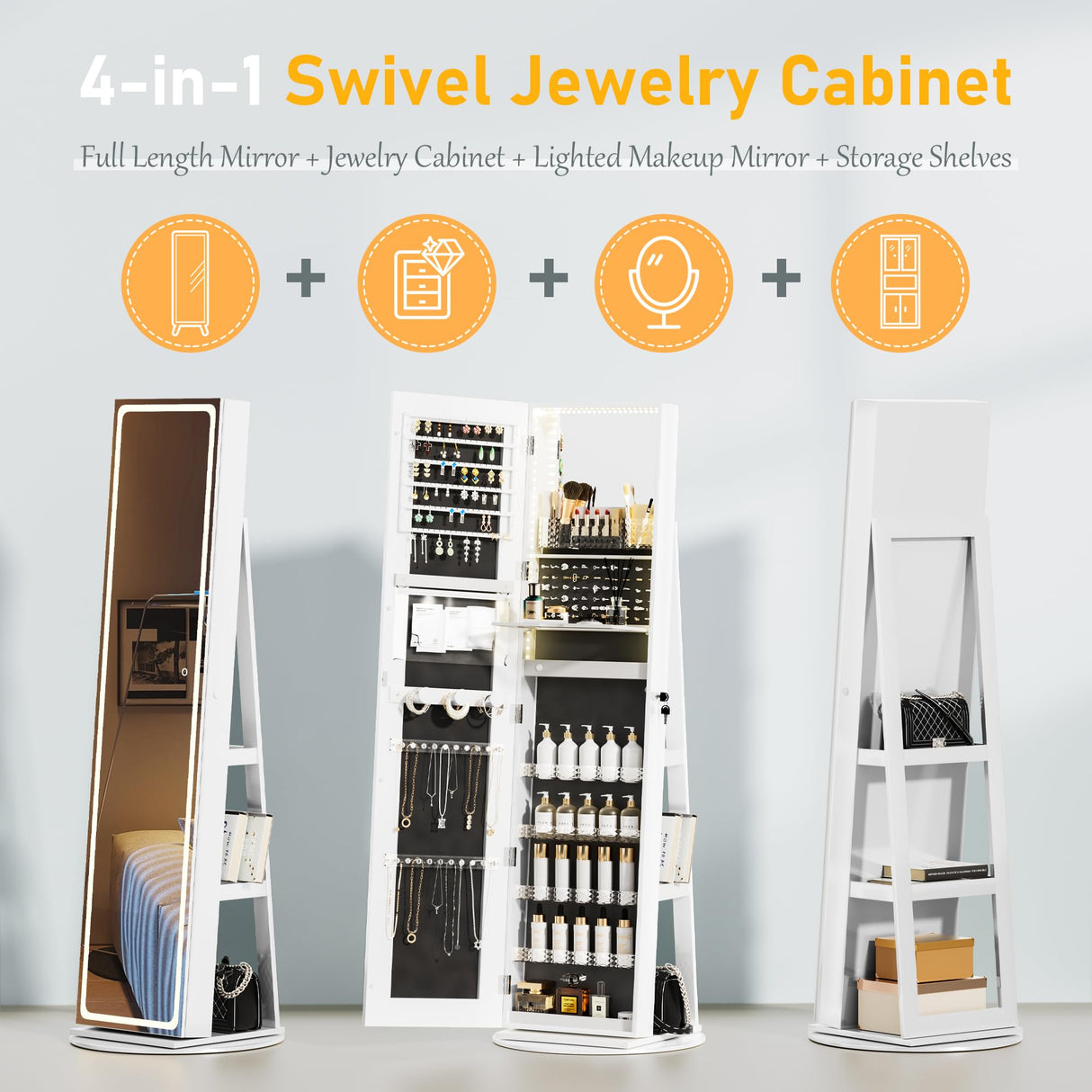 TJYGO LED Mirror Jewelry Cabinet Standing, with Full-Length Mirror and Adjustable LED Lights, Lockable Jewelry Armoire, 360° Swivel Jewelry Storage TJYGO