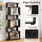 SILKYDRY 6 Tier S Shaped Bookshelf, Wood Geometric Bookcase, Modern Room Divider and Display Shelf, 64" Tall Staggered Bookshelf for Bedroom Living Room Office Study (2, Black) SILKYDRY