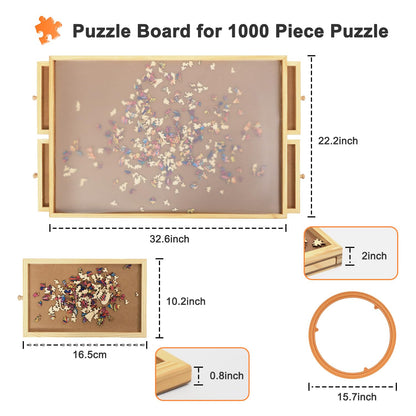 Puzzle Board 1000 Piece, Plusvivo Wooden Rotating Jigsaw Puzzle Board with 4 Drawers & Cover, 32.6" X 22.2" Portable Puzzle Table for Adults and Kids - WoodArtSupply