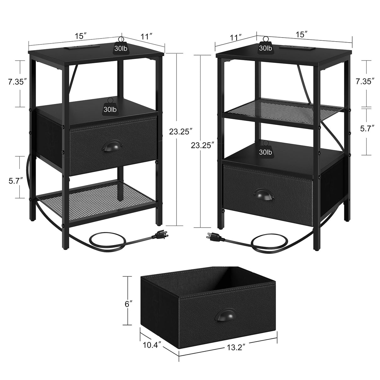 sthmec Nightstands Set of 2, Black Night Stands with Charging Station, Bedside Tables with Fabric Drawers PU Finish, 2-Tier Side Table with Open Shelf, Nightstands with Drawer,Black sthmec