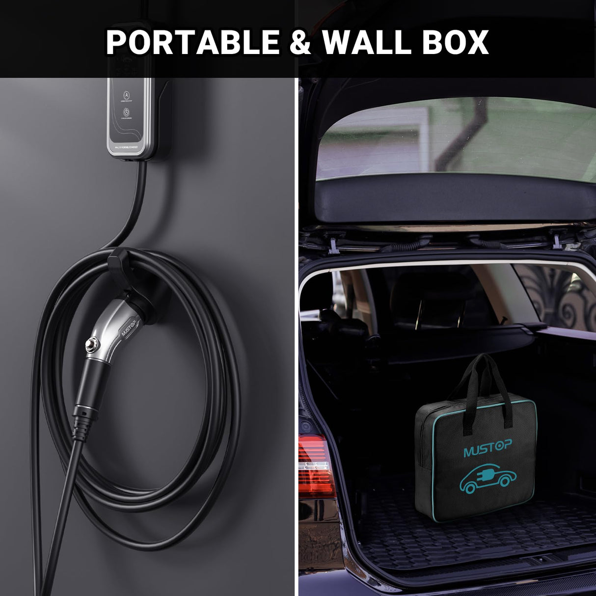 Mustop Level 1 & 2 EV Charger J1772 (40 Amp, 240 Volt, 20ft Cable),ETL Wall Connector Dual Use EV Portable NEMA 14-50 & 5-15 Wi-Fi Enabled with Holder for EV and Hybrid Vehicles mustop