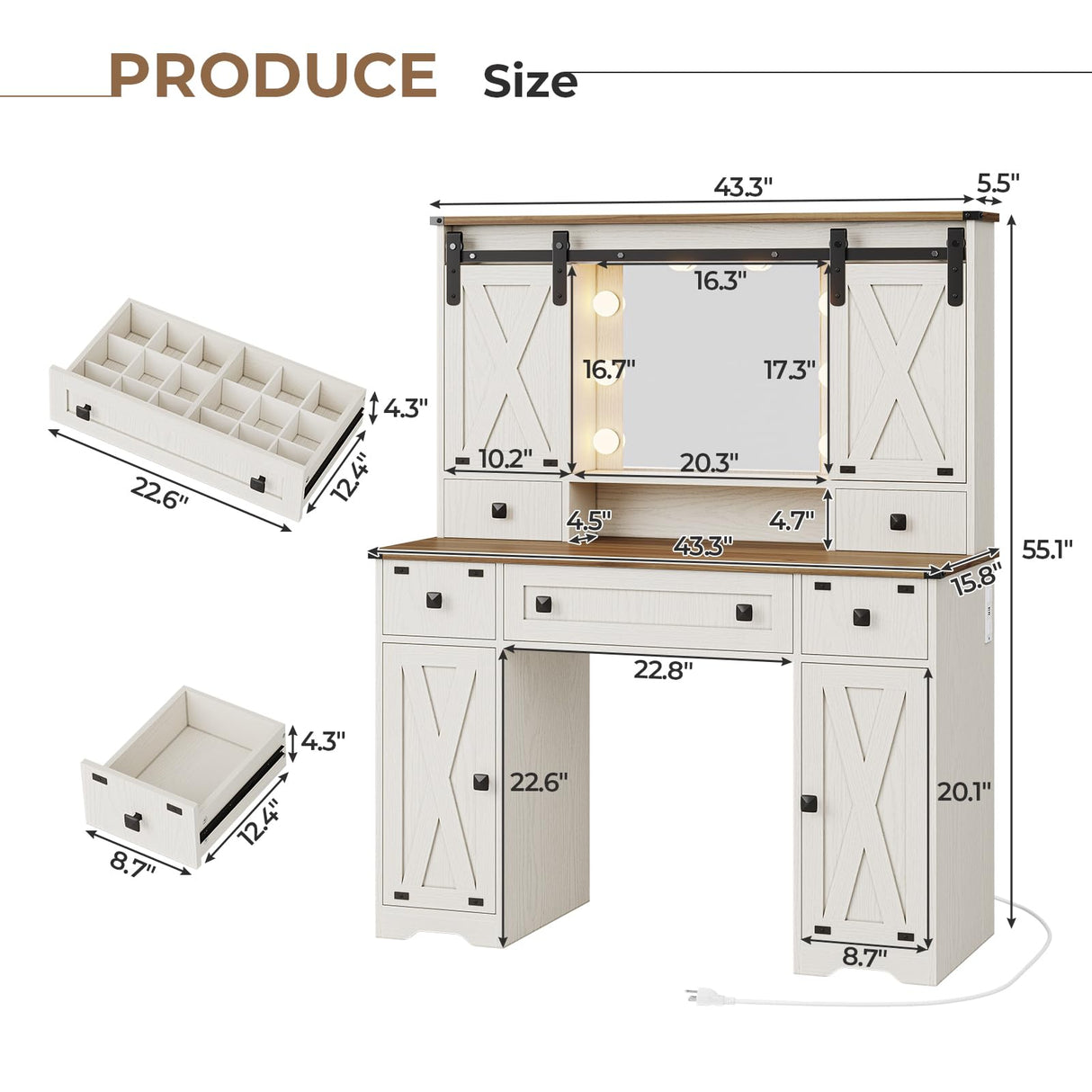 Hasuit Farmhouse Vanity Desk with Mirror and Adjustable Lights in White Hasuit