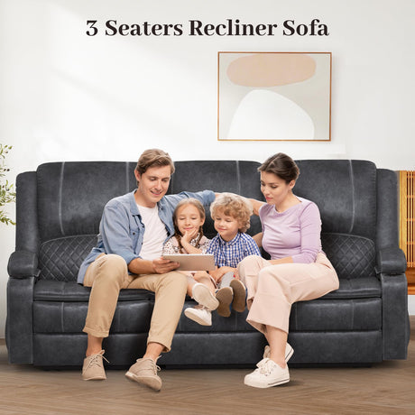 Yolsali 3-Seater Recliner Sofa, Manual Reclining Couch with Multi-Functional Middle Seat, Reclining Sofa for Living Room with Hidden Storage Space, Cup Holders, and Removable Console - Grey Yolsali