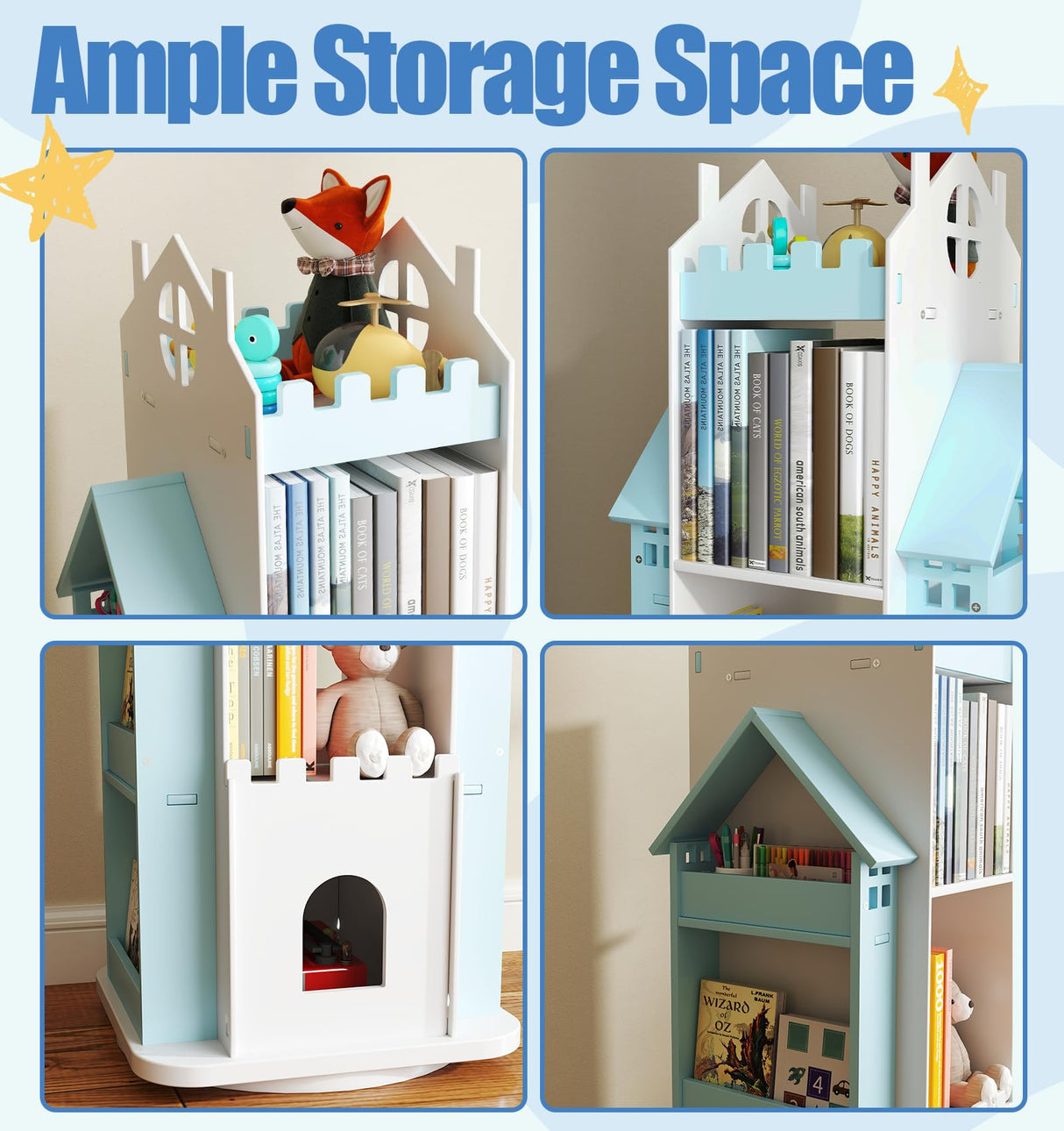 Suuiwau 360° Rotating Bookshelf Kids,Blue Revolving Bookcase 3-Tier Spinning Dollhouse Bookshelf Floor Standing Book Storage Organizer for Children's Room Suuiwau