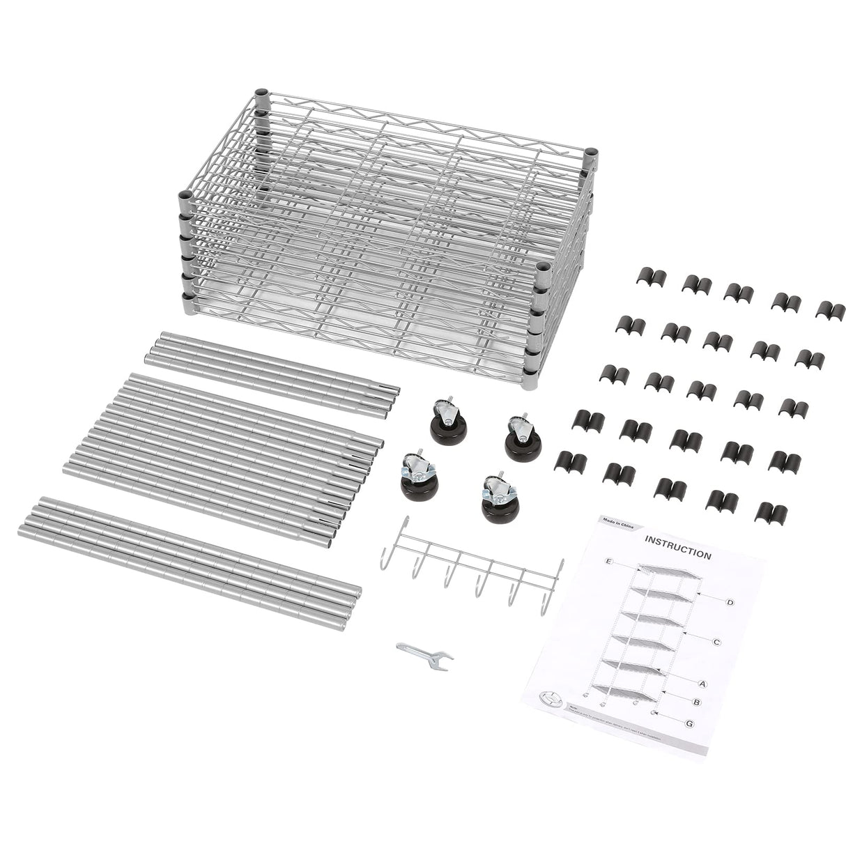 Homdox 6-Tier Storage Shelf Wire Shelving Unit Free Standing Rack Organization with Caster Wheels, Stainless Side Hooks, Silver Gray Homdox