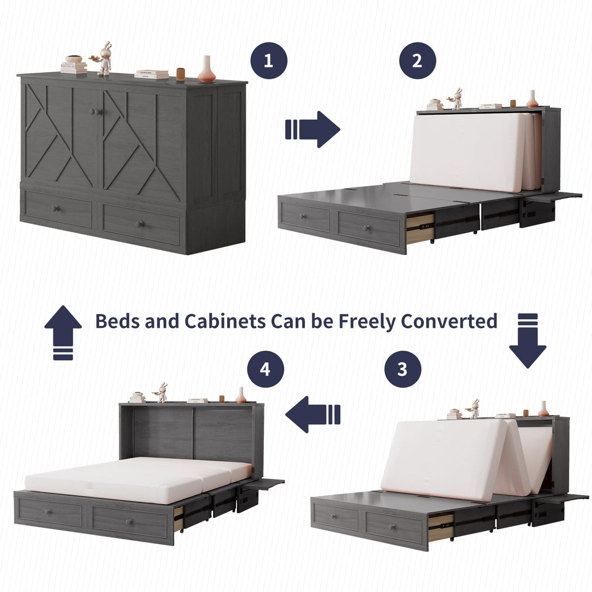 ijuicy Queen Size Murphy Bed with Foam Mattress and Side Storage Board, Cube Cabinet Bed with Charging Station Large Storage Drawers, Space-Saving Foldable Hideaway Bed-Grey ijuicy