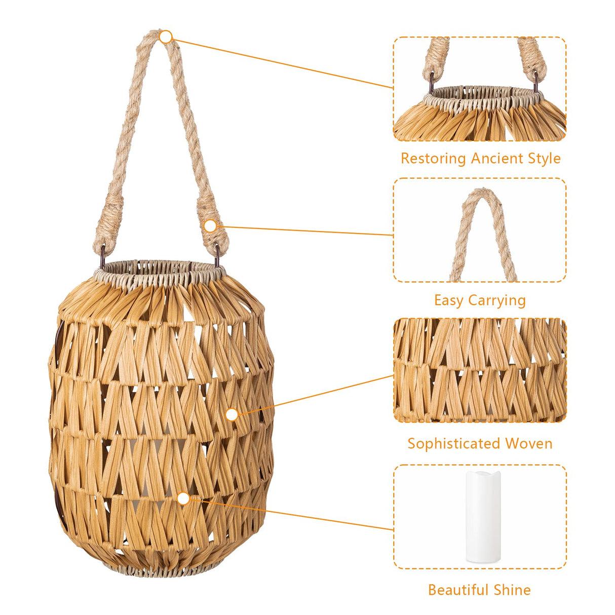 Bdor Candle Hurricane Lantern - 22.4in Decorative Candle Lanterns / Natural Rattan Outdoor Lantern with Removable LED Candle and Burlap Jute Rope Handle, Lantern Decorative for Home, Porches, Hallway Bdor