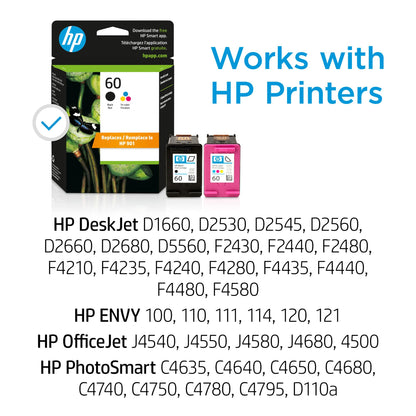 HP 60 Black/Tri-color Ink Cartridges Combo Pack, Works with DeskJet D1660, D2500, D2600, D5560, F2400, F4200, F4400, F4580; ENVY 100, 110, 120; PhotoSmart C4600, C4700, D110a Series | N9H63FN