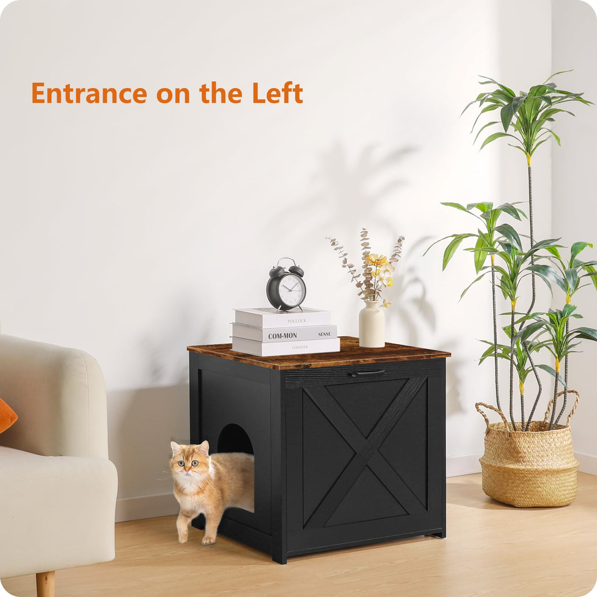 DWANTON Cat Litter Box Furniture Hidden, Cat Litter Box Enclosure, Reversible Entrance Can Be on Left or Right Side, Indoor Cabinet, Wooden Washroom, Nightstand, Black and Rustic Brown, 23.6" L Dwanton