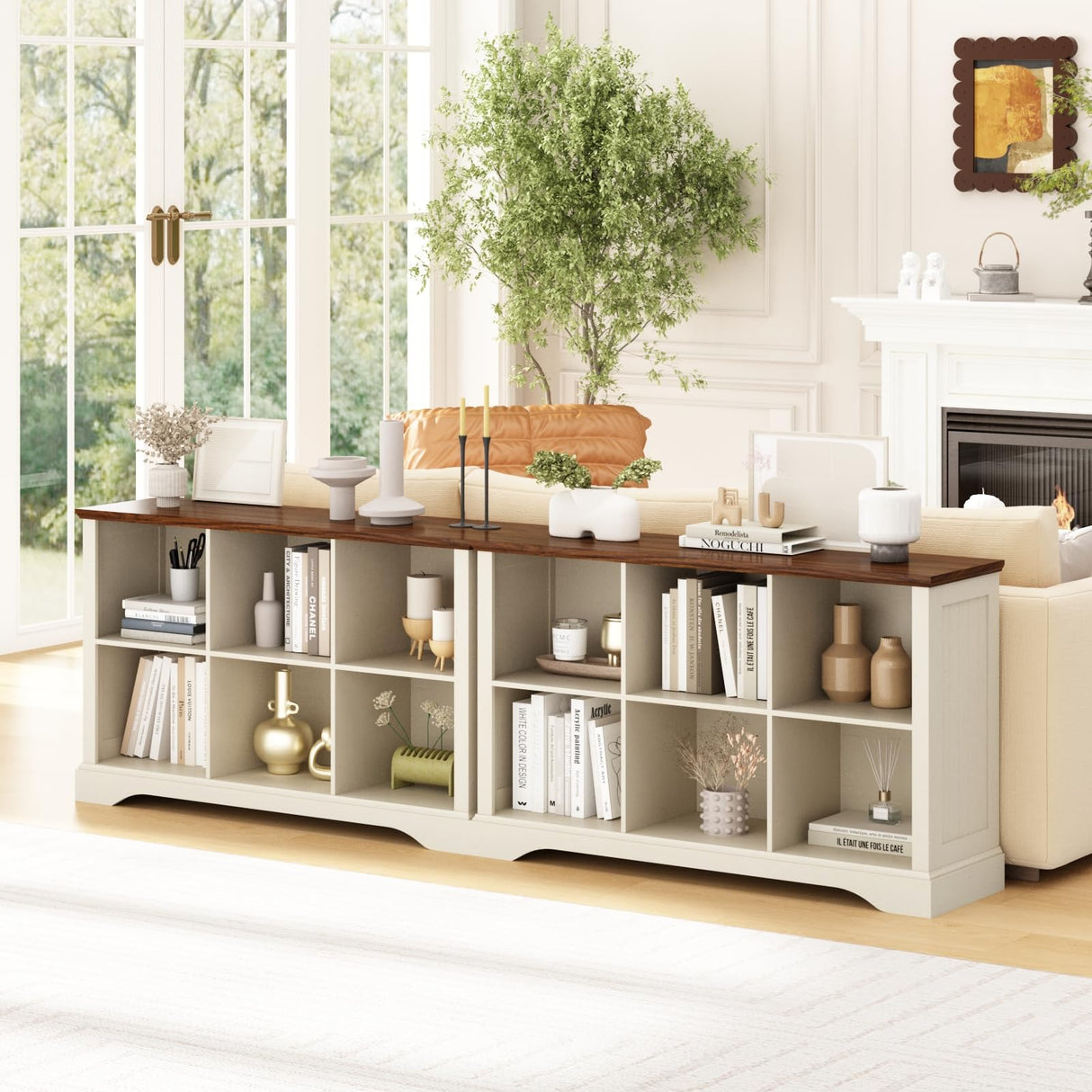 Athyrios 6 Cube Storage Organizer - 47.4" Farmhouse Wood Low Bookshelf, 3 Tier Horizontal Open Shelf Bookcase Cubby Storage Console Cabinet for Living Room, Entryway, Office, Antique White Athyrios