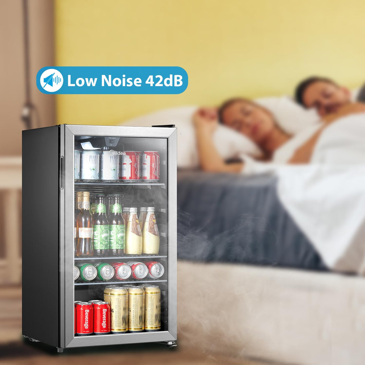 Midea MERV115T3AST 115 Cans Beverage Refrigerator with Adjustable Temperature, Removable Glass Shelf, LED Light, Silver Midea