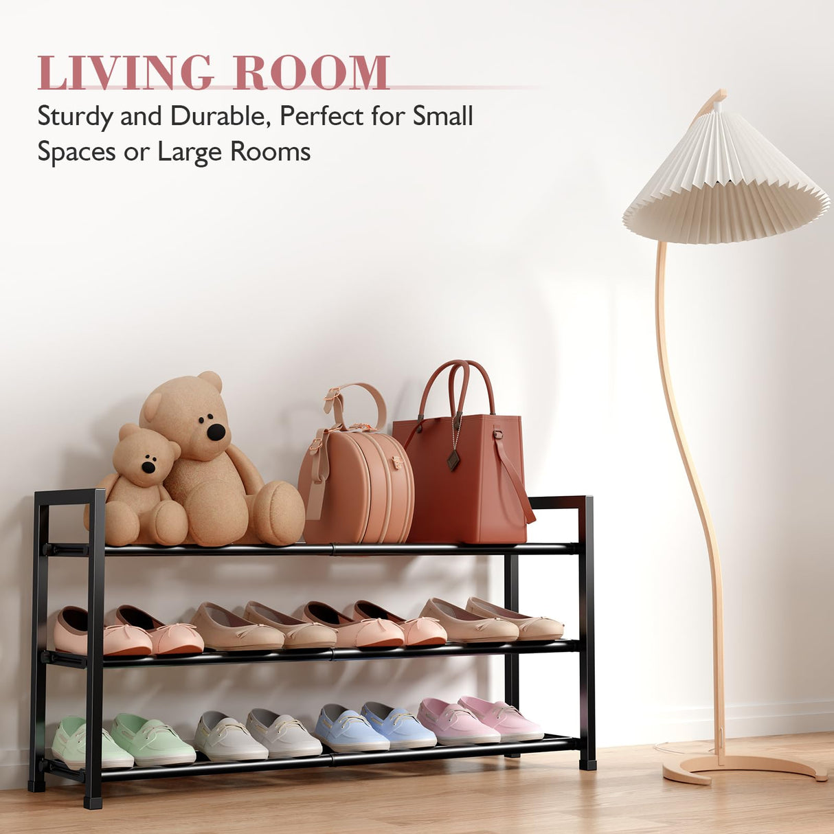 Bumusty 3-Tier Expandable Shoe Rack for Closet, 18“-33” Adjustable Shoe Rack for Small Space, Small Shoe Organizer for Front Door, Sturdy Metal, Black Bumusty