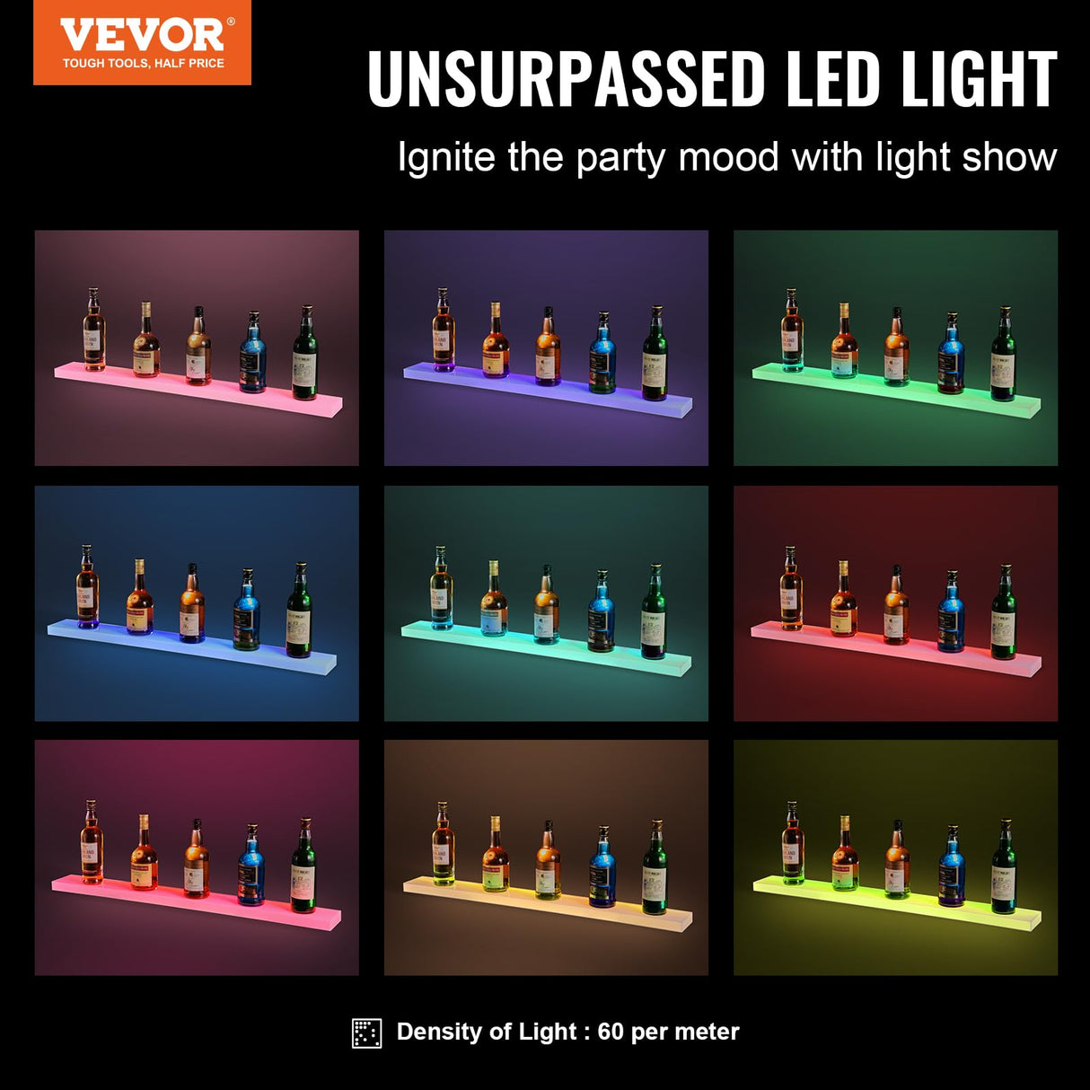 VEVOR LED Lighted Liquor Bottle Display, 1 Tier 40 Inch Wall Mounted Whiskey Rack Stand, 1 Step Commercial Illuminated Home Bar Shelf, Acrylic Drinks Light Shelves with RF Remote & App Control VEVOR