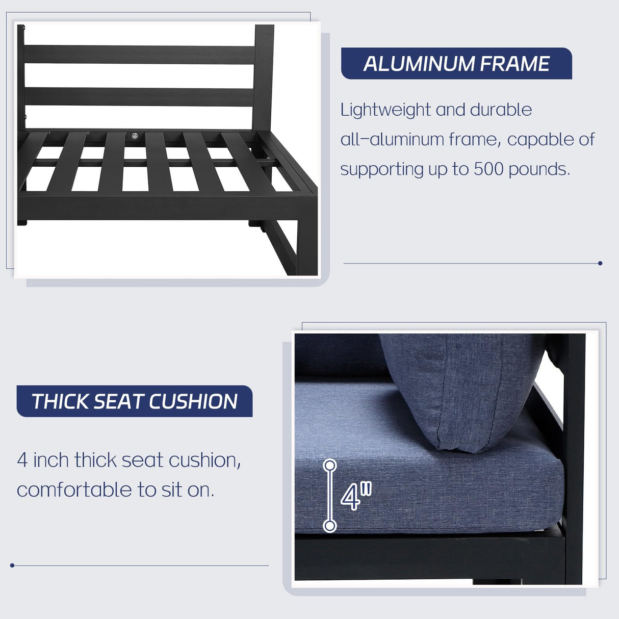 BULEXYARD 8 Seat Minimalist Aluminum Patio Sectional Seating with Fire Pit, 500 lbs Heavy Duty Outdoor Furniture Set, 29" Deep Wide Oversized Seating U Shaped Conversation Couch for Garden, Denim Blue BULEXYARD