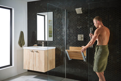 Moen Bath Safety Furniture Wood Home Care Teak Wood Aluminum Folding Shower Seat, Wall Mounted Shower Bench, DN7110 Moen