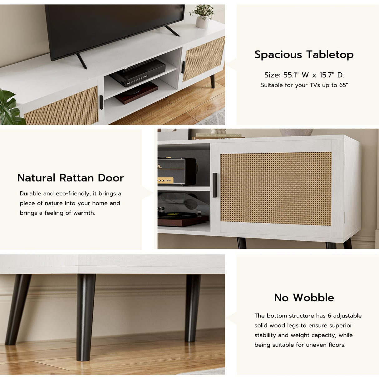 ZttRiee TV Stand for TVs up to 65'', Mid Century Modern Entertainment Center with Rattan Door, Shelves & 2 Cabinets, Boho Media TV Console for Living Room, Bedroom, White ZttRiee