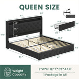 LARMACE Queen Size Bed Frame with Storage & LED Lights & USB Charging Station, Velvet Upholstered Platform Bed with Headboard and 4 Drawers, No Box Spring Needed, Easy Assembly, Black LARMACE