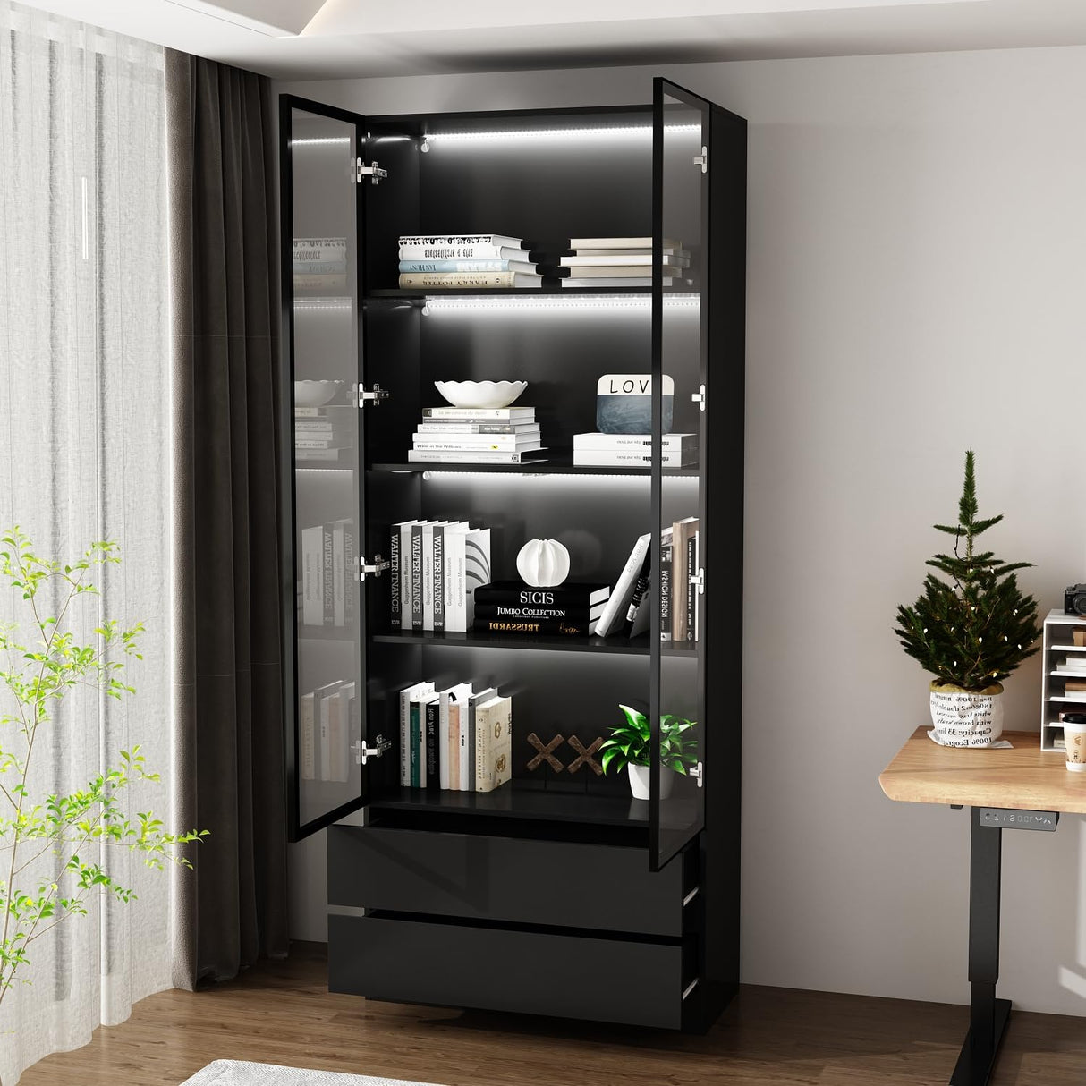 FUNISIR Curio Display Cabinet with Light, Storage Shelves with Pop-up Glass Doors, 2 Drawers & 3 Color Light, Collectibles Cabinet Display Shelf, Bookshelf Showcase for Living Room, Black w/Drawer FUNISIR