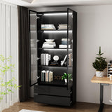 FUNISIR Curio Display Cabinet with Light, Storage Shelves with Pop-up Glass Doors, 2 Drawers & 3 Color Light, Collectibles Cabinet Display Shelf, Bookshelf Showcase for Living Room, Black w/Drawer FUNISIR