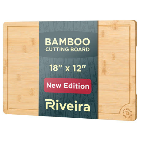 Riveira Wood Cutting Board – Gourmet Bamboo Grandeur: 18 x 12 Bamboo Cutting Boards For Kitchen – Natural Wooden Cutting Boards For Kitchen – Innovative Juice Grooves Bamboo Cutting Board Riveira