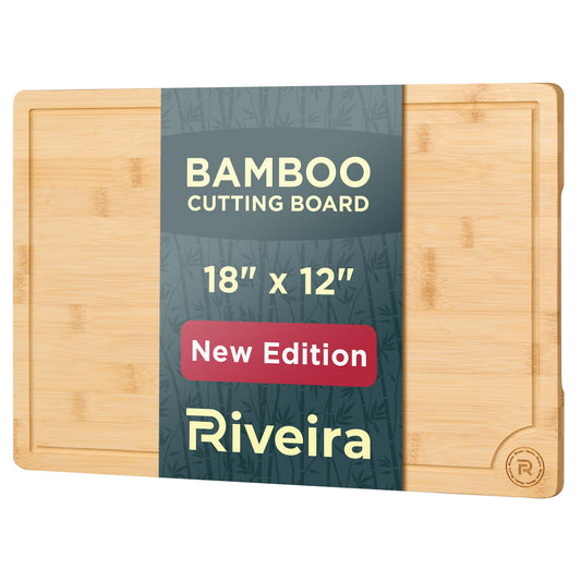 Riveira Wood Cutting Board – Gourmet Bamboo Grandeur: 18 x 12 Bamboo Cutting Boards For Kitchen – Natural Wooden Cutting Boards For Kitchen – Innovative Juice Grooves Bamboo Cutting Board