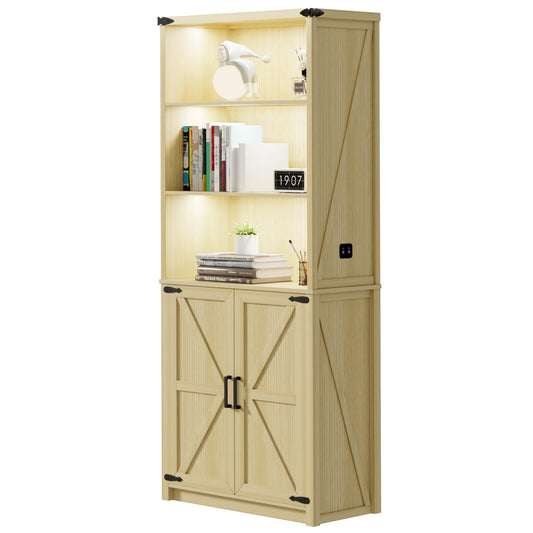 FREDEES Vintage Tall Bookcase with LED Lighting, Doors, and Spacious Shelves in Nature Wood - WoodArtSupply