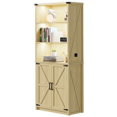 FREDEES Vintage Tall Bookcase with LED Lighting, Doors, and Spacious Shelves in Nature Wood