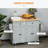 HOMCOM Kitchen Island on Wheels, Rolling Cart with Rubberwood Top, Spice Rack, Towel Rack and Drawers for Dining Room, Grey HOMCOM