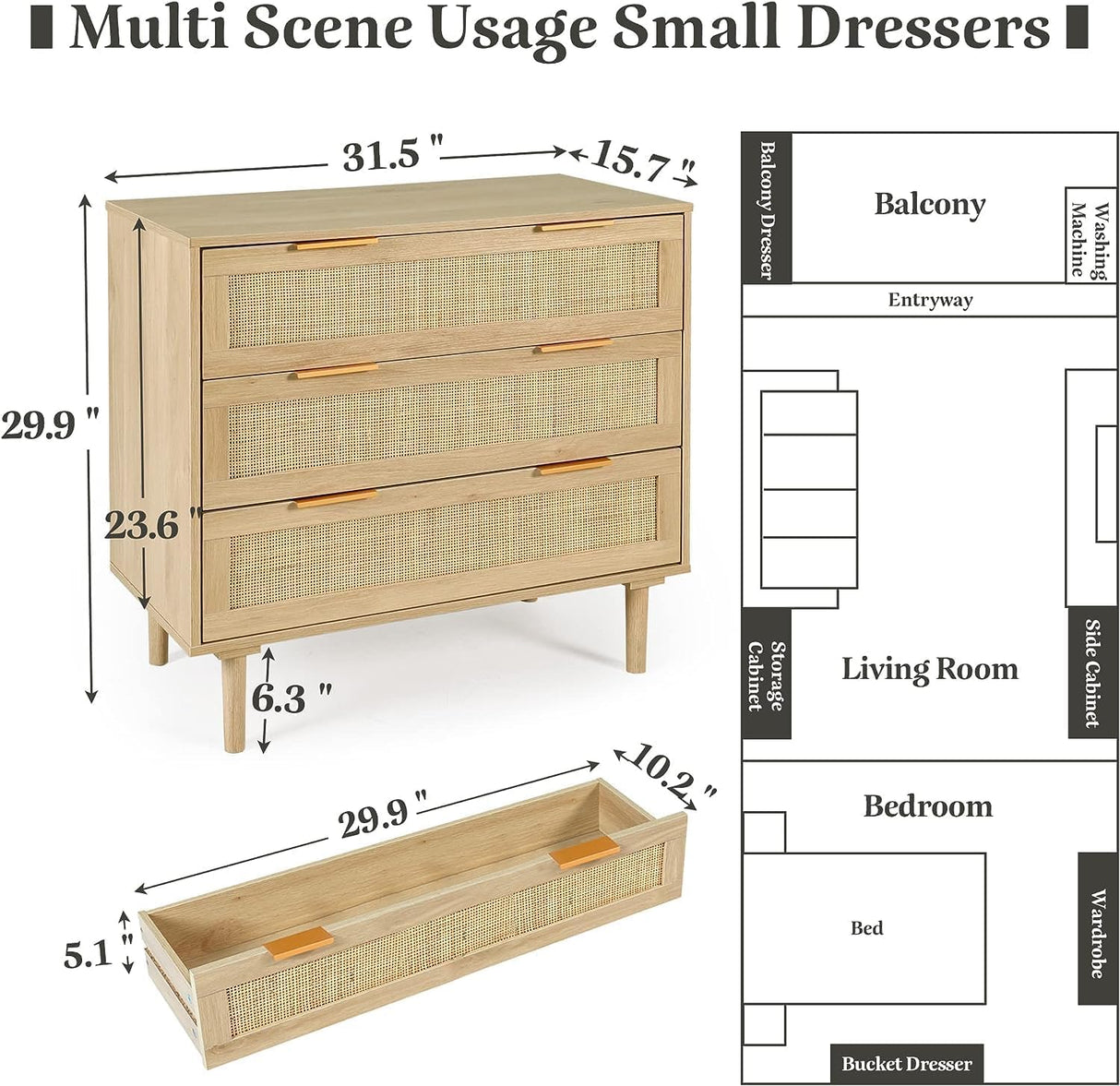 HOPUBUY Large Nightstand Set of 2 with Rattan Drawer, Modern 3 Drawer Night Stand for Bedroom, Wooden Bedside Table for Queen Size and King Size Bed,Oak HOPUBUY