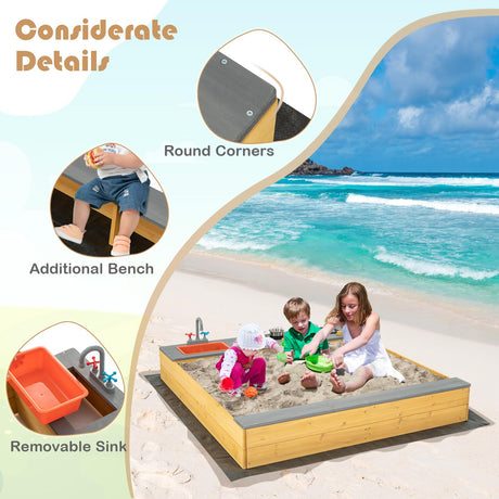 HONEY JOY Kids Sandbox, 2 in 1 Cedar Bottomless Sand Pit & Kitchen Playset, Water Faucet & Sink, Bottom Liner, Realistic Cooking Accessories, Wooden Sand Boxes for Kids Outdoor Backyard HONEY JOY
