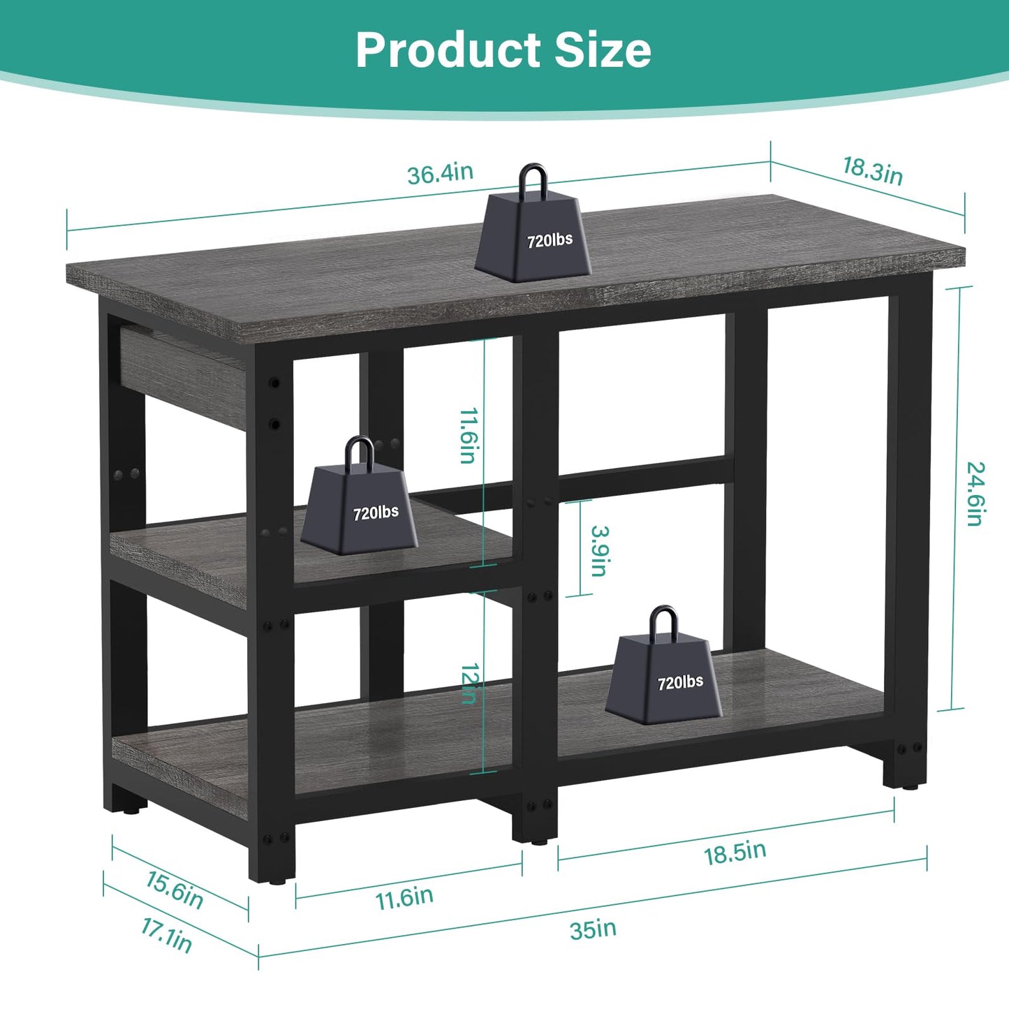 AQQA 40-50 Gallon Fish Tank Stand, 36x18 Inch Heavy Duty Metal Frame Aquarium Stand, Adjustable Storage Shelves, 720LBS Capacity Terrarium Stand, 3 Tiers Reptile Tank Stand