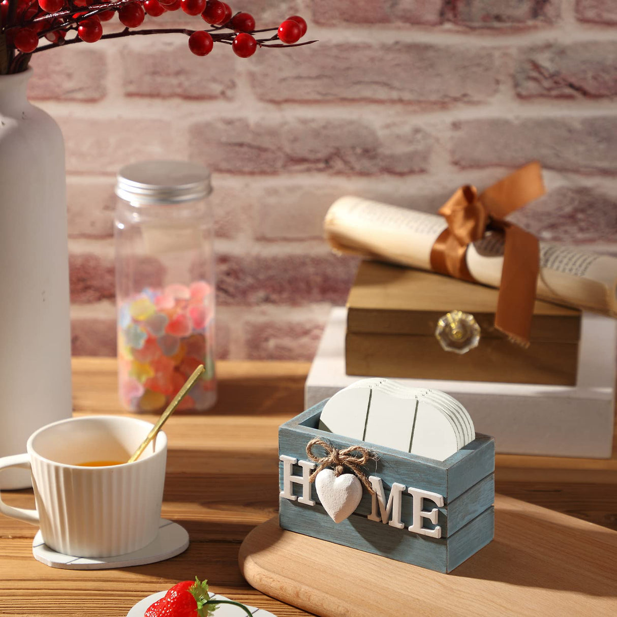 Coasters for Drinks, Wooden Heart Coasters Set of 6 Farmhouse Coasters with Holder Funny Coasters for Coffee Table Protection Housewarming Gifts for New Home Decoration, 4 Inch (Home, Blue) Patelai