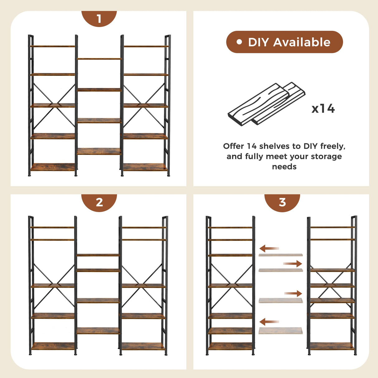 SUPERJARE Triple 5 Tier Bookshelf, Bookcase with 14 Open Display Shelves, Wide Book Shelf Book Case for Home & Office, Rustic Brown SUPERJARE