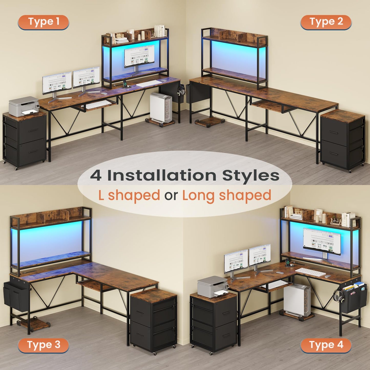 UPOSOJA L Shaped Gaming Desk with Keyboard Tray, Reversible Computer Desk with Power Outlet, Corner Home Office Desks, Mobile File Cabinet Storage Shelves Monitor Stand Drawers (Brown, 67in) - WoodArtSupply