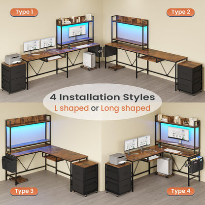 UPOSOJA L Shaped Gaming Desk with Keyboard Tray, Reversible Computer Desk with Power Outlet, Corner Home Office Desks, Mobile File Cabinet Storage Shelves Monitor Stand Drawers (Brown, 67in) - WoodArtSupply