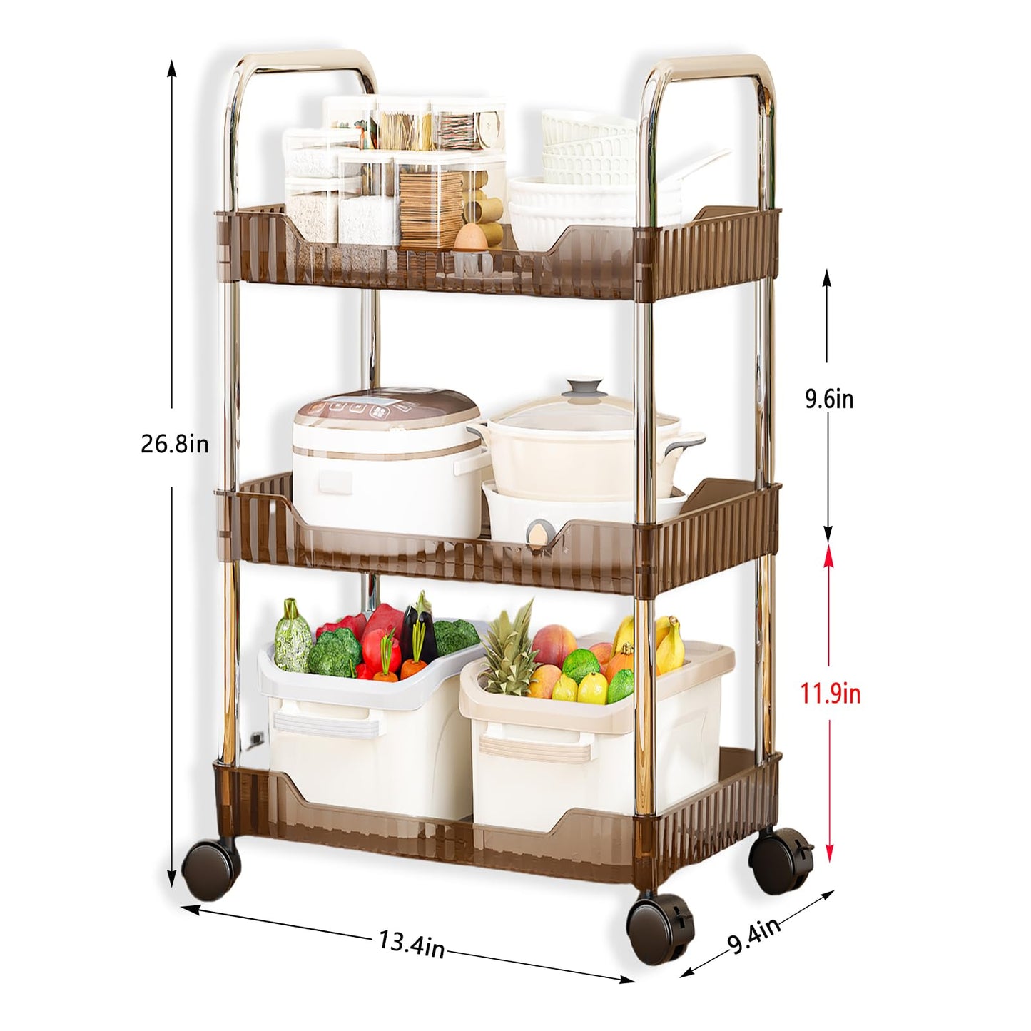 3 Tier Utility Cart Coffee, Acrylic Bathroom Cart Organizer Kitchen Organizer Rolling Storage Cart Mobile Shelving Unit Multi-Functional Shelves for Office, Kitchen, Living Room