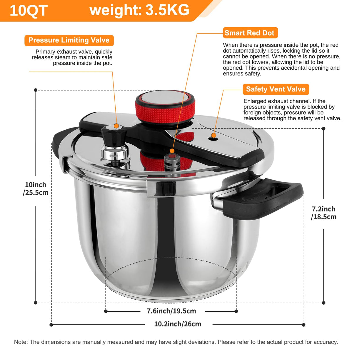 NYTRX Pressure Cooker 10 QT, Stainess Steel Pressure Canner 10 Quart, Explosion-Proof Cookware, Rotating Lock/Unlock Lid, One-handed lid opening, Thickened Silicone Ring And Anti-scald Handle, Silver NYTRX