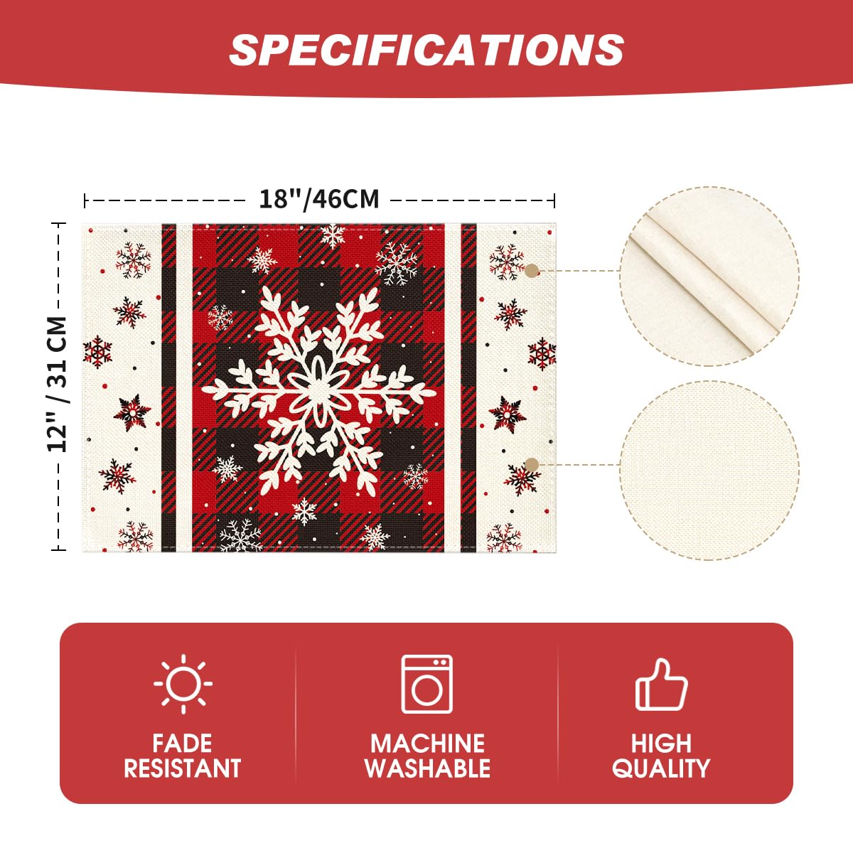 Artoid Mode Buffalo Plaid Snowflakes Winter Placemats Set of 4, 12x18 Inch Christmas Table Mats for Party Kitchen Dining Decoration Artoid Mode