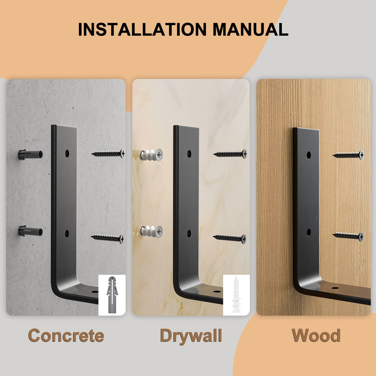 LuckIn 10 Inch Wall Shelf Brackets (Fit 9.25" Board) 4-Pack, Heavy Duty Black Iron, Garage, Kitchen, Bathroom Floating Shelf Hardware LuckIn