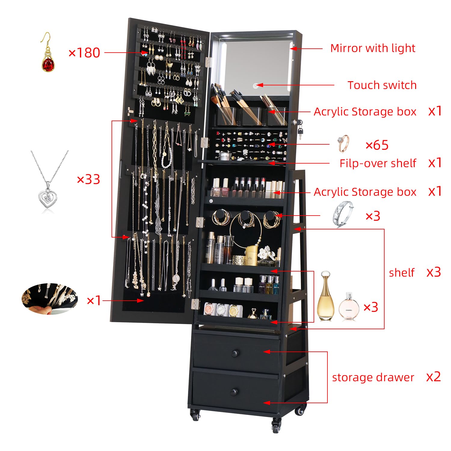 MASMIRE Jewelry Cabinet with Mirror,Full Length Mirror Large Capacity Jewelry Organizer Armoire,Floor Standing Mirror with Back Storage Shelves for Bedroom Black - WoodArtSupply