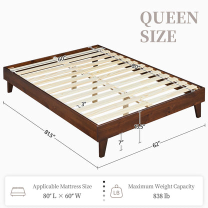 Yaheetech Queen Solid Pine Wood Platform Bed Frame - Reserved Holes for Headboard, Wooden Slats Support, 7.5" Clearance, No Noise, Easy Assembly -