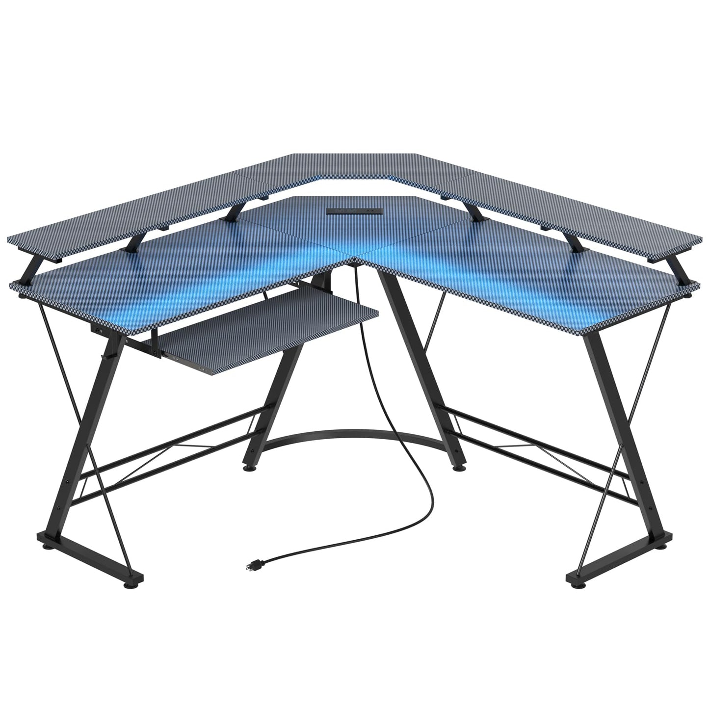 ACEMO L Shaped Gaming Desk with LED Lights and Power Outlet, Computer Desk with Monitor Stand, Untimate Corner Desk with Hooks and Keyboard Tray, Carbon Fiber, Black