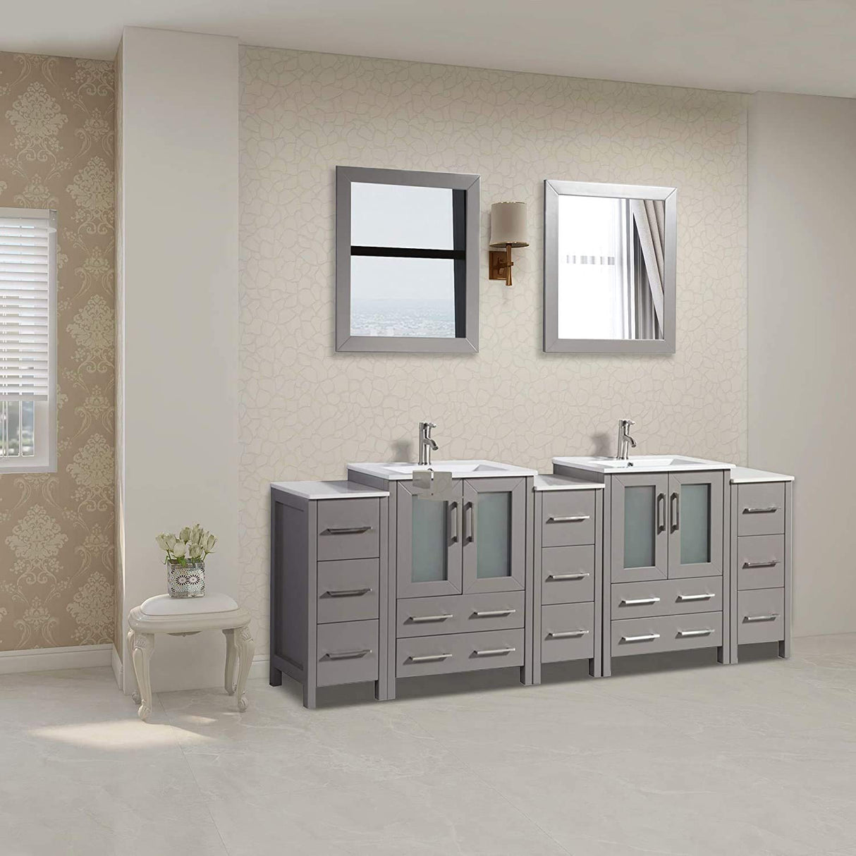 Vanity Art 84 Inch Under Mount Double Sink Bathroom Vanity Cabinet with 2 Mirrors, Ceramic Top Bathroom Cabinet Compact Set with 13 Dovetail Storage Drawers and Brushed Nickel Handles, VA3024-84-G Vanity Art